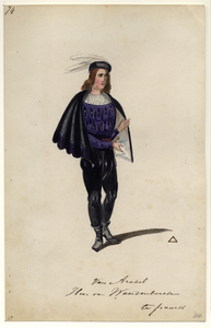 32749 Afbeelding van een kostuumontwerp van ? van Arkel, heer van Waardenburg, figurant in de maskerade van de ...